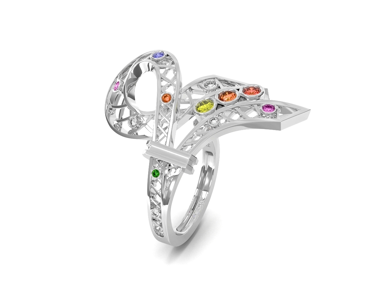 Bague Confetti - Saphirs multicolores, diamants & tsavorite – Or blanc 18 carats