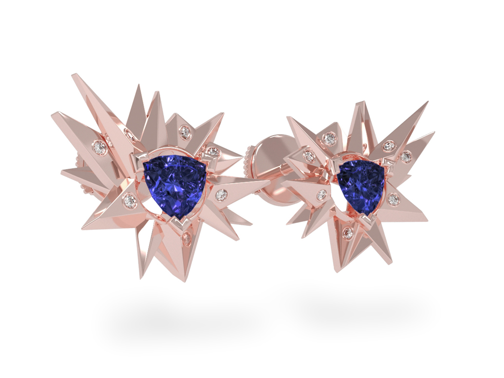 Boucles d'oreilles Fleur de Givre Night Glacier White - Diamants blancs - Tanzanite Trillion <br> Or rose 18 carats