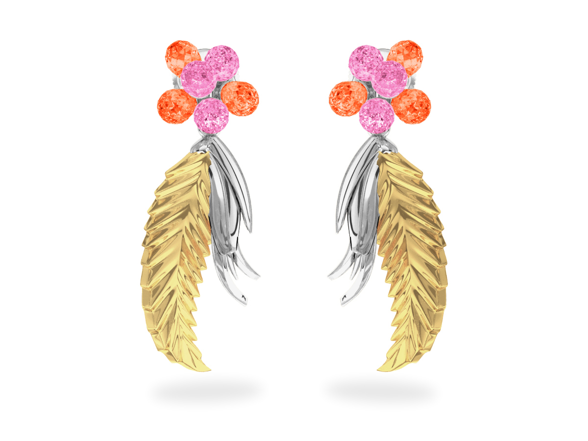 Boucles d'oreilles Flowers Pink & Padparadsha
 - Saphirs Roses & Orange<br/> Or blanc & jaune 18 carats