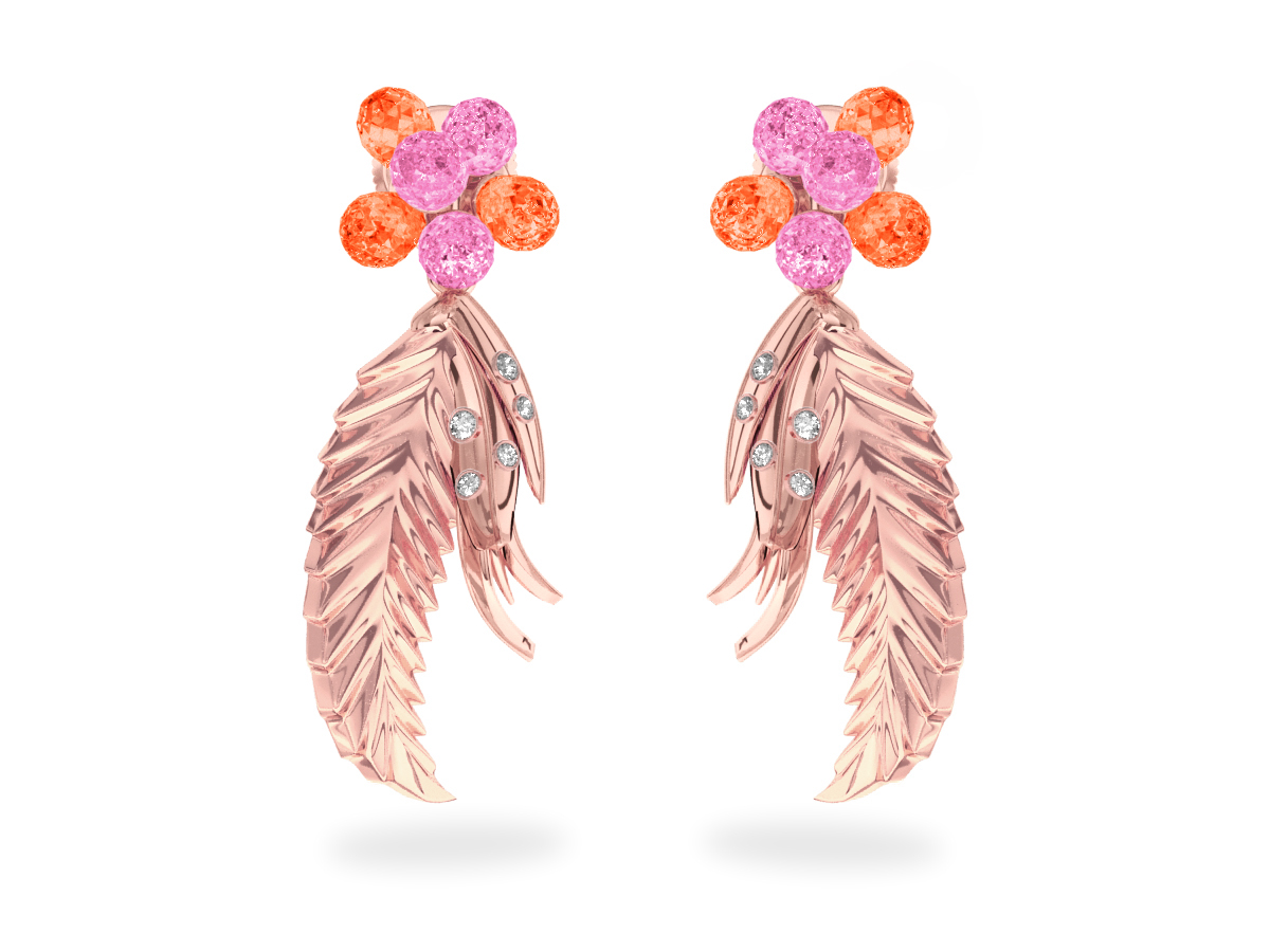 Boucles d'oreilles Flowers Pink & Padparadsha - Saphirs Roses & Orange <br/>Or rose 18 carats</br> Diamants blancs