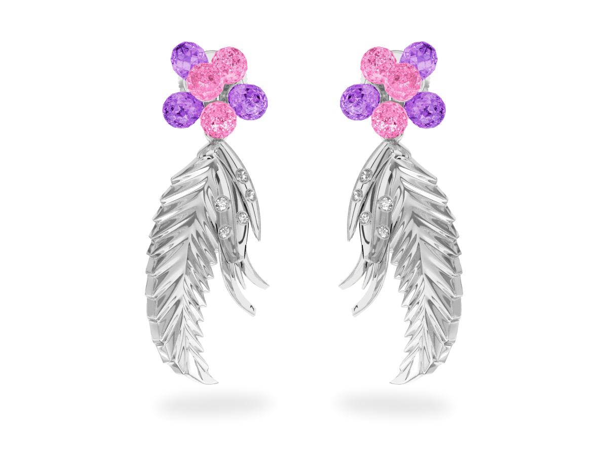 Boucles d'oreilles Flowers Pink & Padparadsha - Saphirs Roses & Orange<br/> Or blanc 18 carats <br/>Diamants blancs