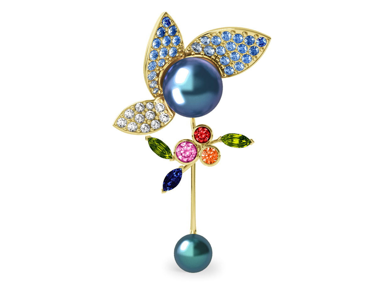 Pendentif  Pearly Angel Peacock & Céleste - Saphirs, diamants, peridots & perles de Tahiti <br /> Or jaune 18 carats