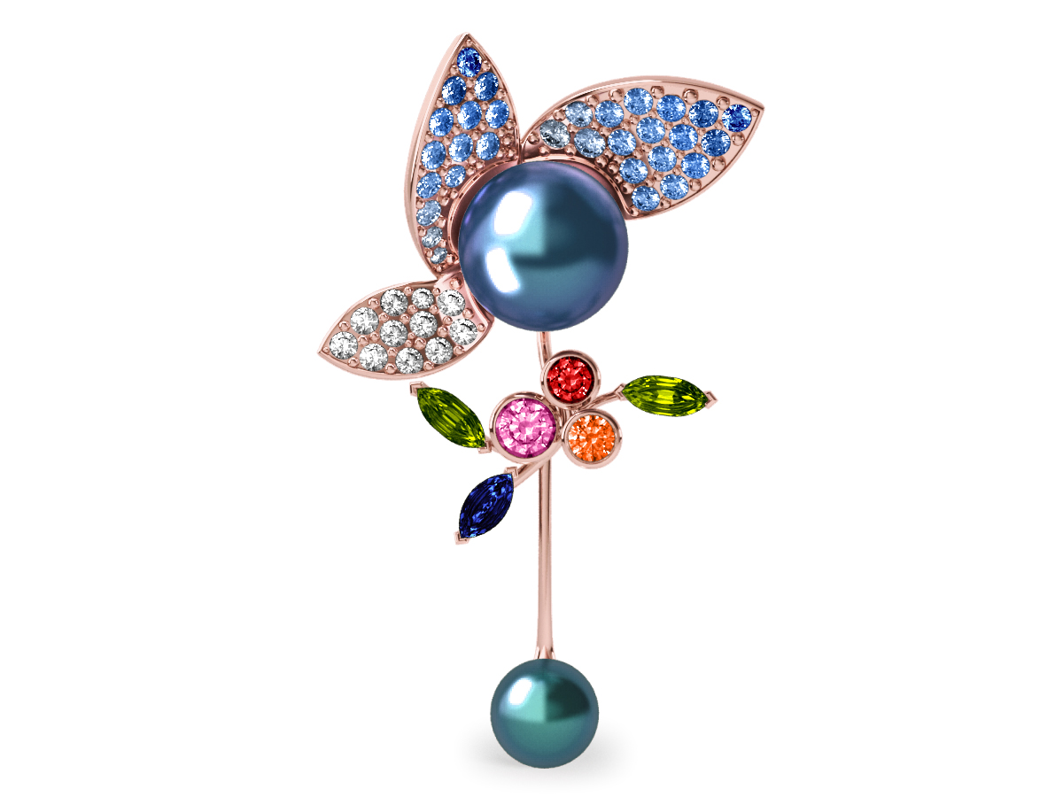 Pendentif  Pearly Angel Peacock & Céleste - Saphirs, diamants, peridots & perles de Tahiti <br /> Or rose 18 carats