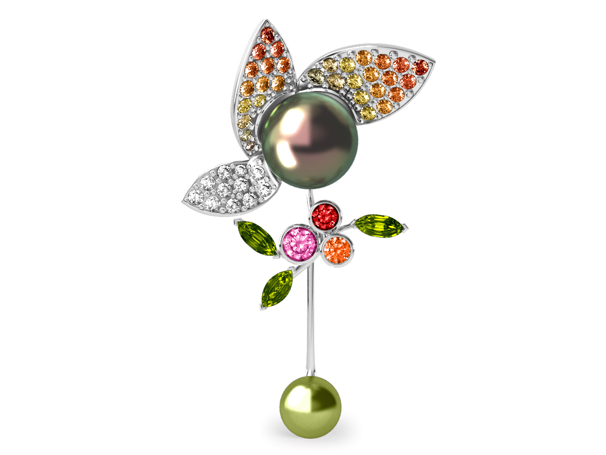 Pendentif  Pearly Angel Peacock & Pistache - Saphirs, diamants, peridots & perles de Tahiti <br /> Or blanc 18 carats