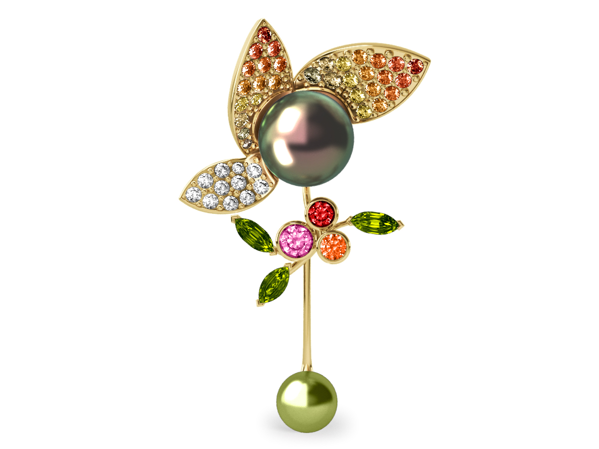 Pendentif  Pearly Angel Peacock & Pistache - Saphirs, diamants, peridots & perles de Tahiti <br /> Or jaune 18 carats