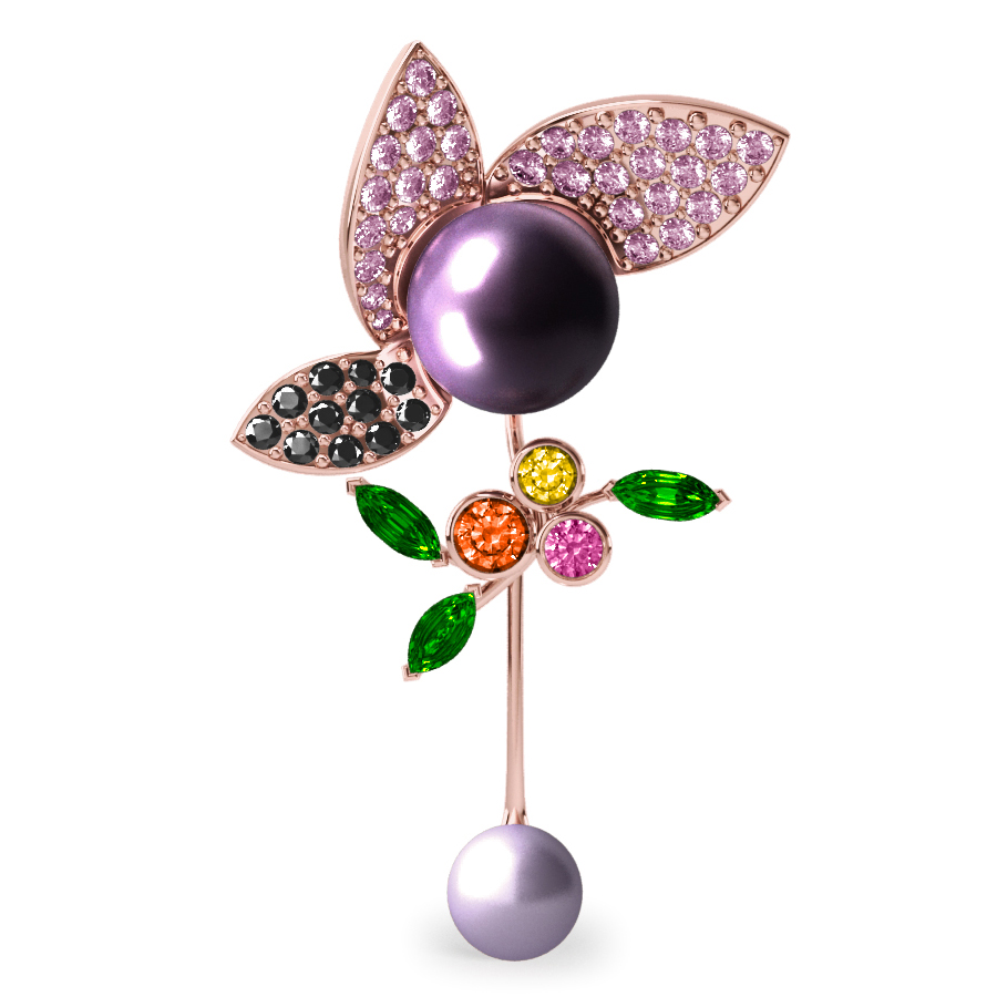 Pendentif  Pearly Angel Aubergine & Mauve - Saphirs, diamants, tsavorites & perles de Tahiti <br /> Or jaune 18 carats