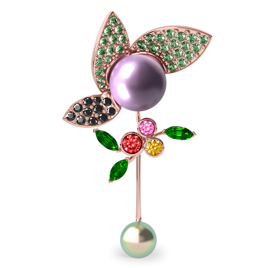 Pendentif  Pearly Angel Aubergine & Mauve - Saphirs, diamants, tsavorites & perles de Tahiti <br /> Or rose 18 carats