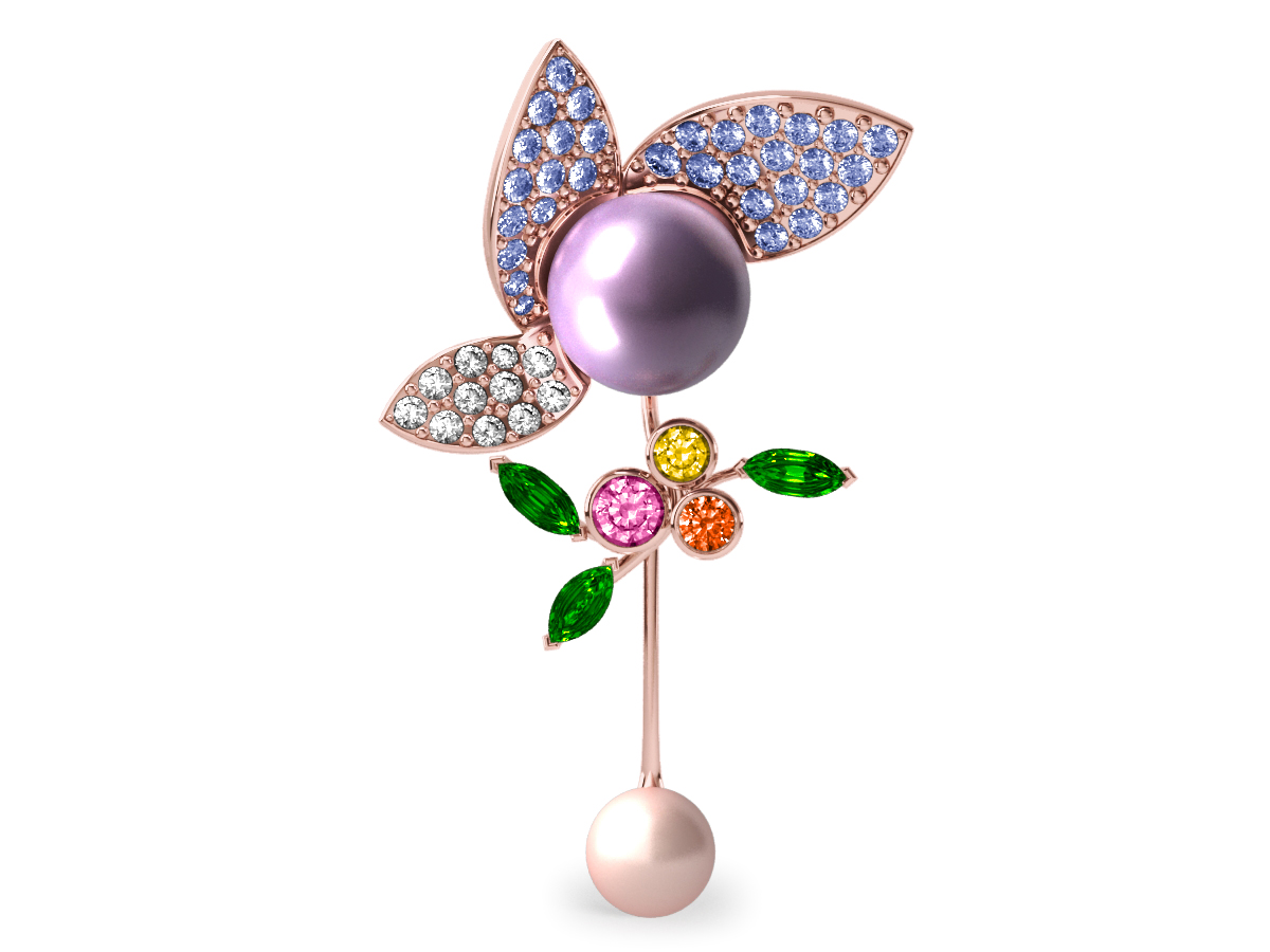 Pendentif  Pearly Angel Lavande & Ivoire - Saphirs, diamants, tsavorites & perles d'eau douce <br /> Or rose 18 carats