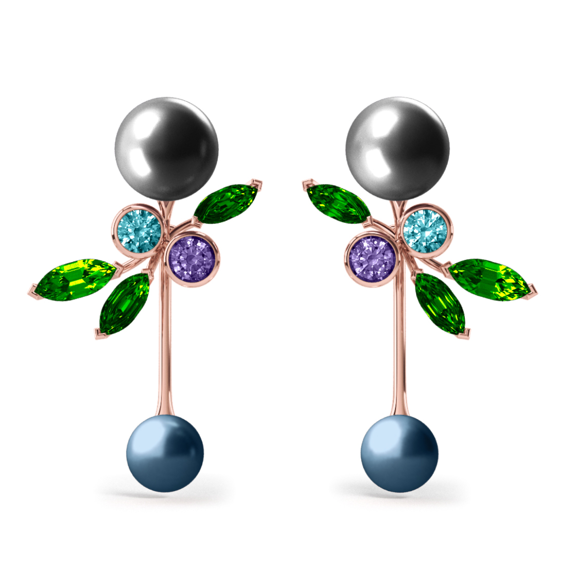 Boucles d'oreilles Pearly Angel Grise & Bleu - Saphirs, diamants, tsavorites & perles de Tahiti <br /> Or blanc 18 carats