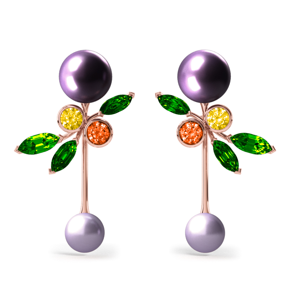 Boucles d'oreilles Pearly Angel Aubergine & Mauve - Saphirs, diamants, tsavorites & perles de Tahiti <br /> Or jaune 18 carats