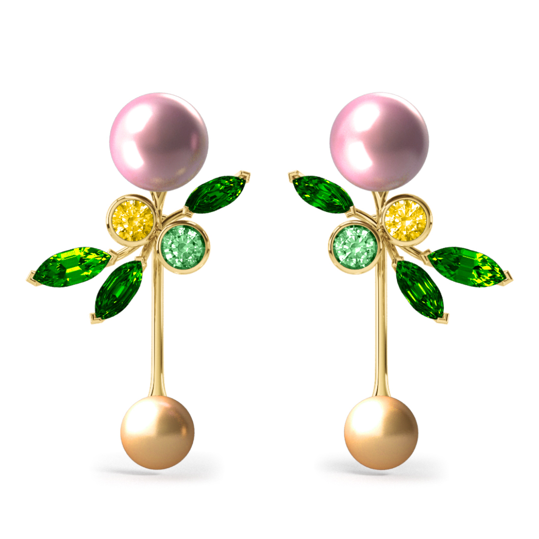 Boucles d'oreilles Pearly Angel Rose & Gold - Saphirs, diamants, tsavorites & perle d'eau douce et des mers du Sud <br /> Or jaune 18 carats