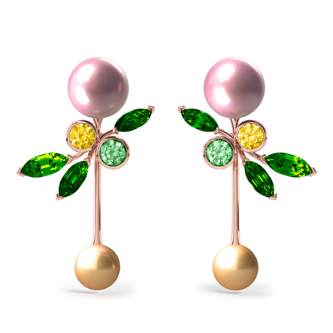 Boucles d'oreilles Pearly Angel Rose & Gold - Saphirs, diamants, tsavorites & perle d'eau douce et des mers du Sud <br /> Or rose 18 carats