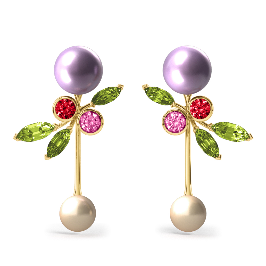 Boucles d'oreilles Pearly Angel Mauve & Ivoire - Saphirs, diamants, péridots & perles d'eau douce <br /> Or jaune 18 carats